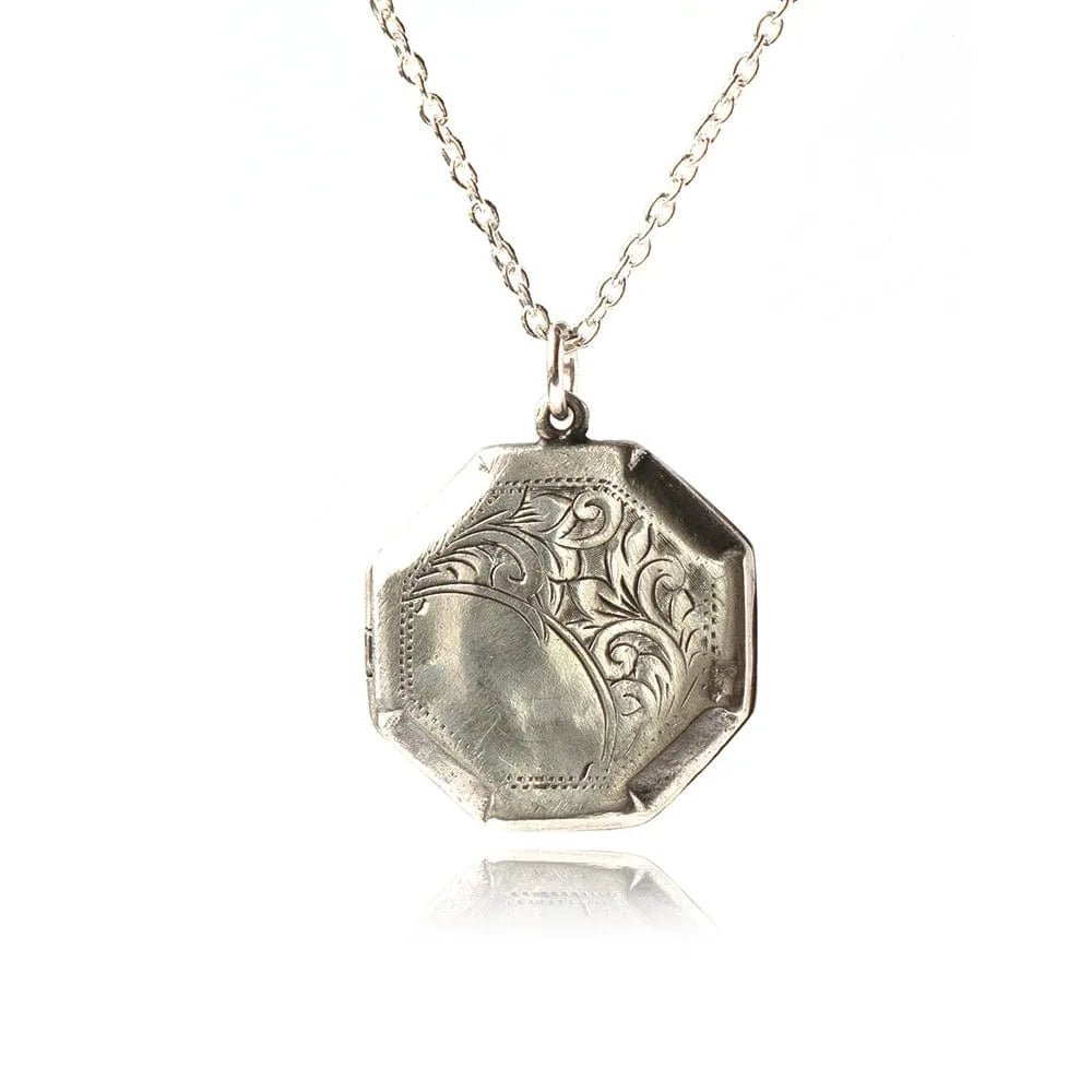 Vintage 1950s Octagonal Engraved Silver Locket Necklace
