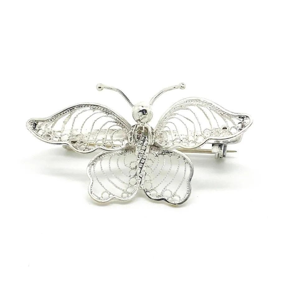 Vintage 1950s Silver Filigree Butterfly Brooch, view 5