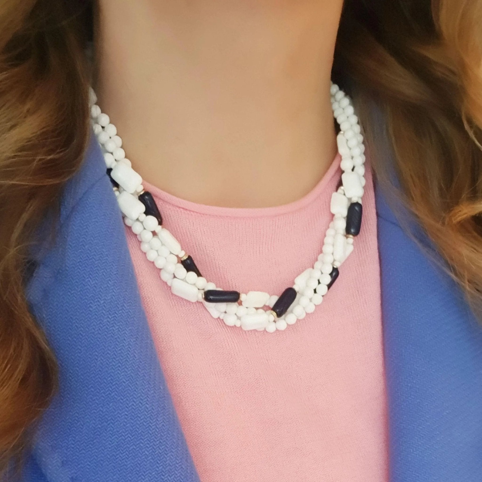 Vintage 1950s White & Blue Glass Beaded Necklace, view 2