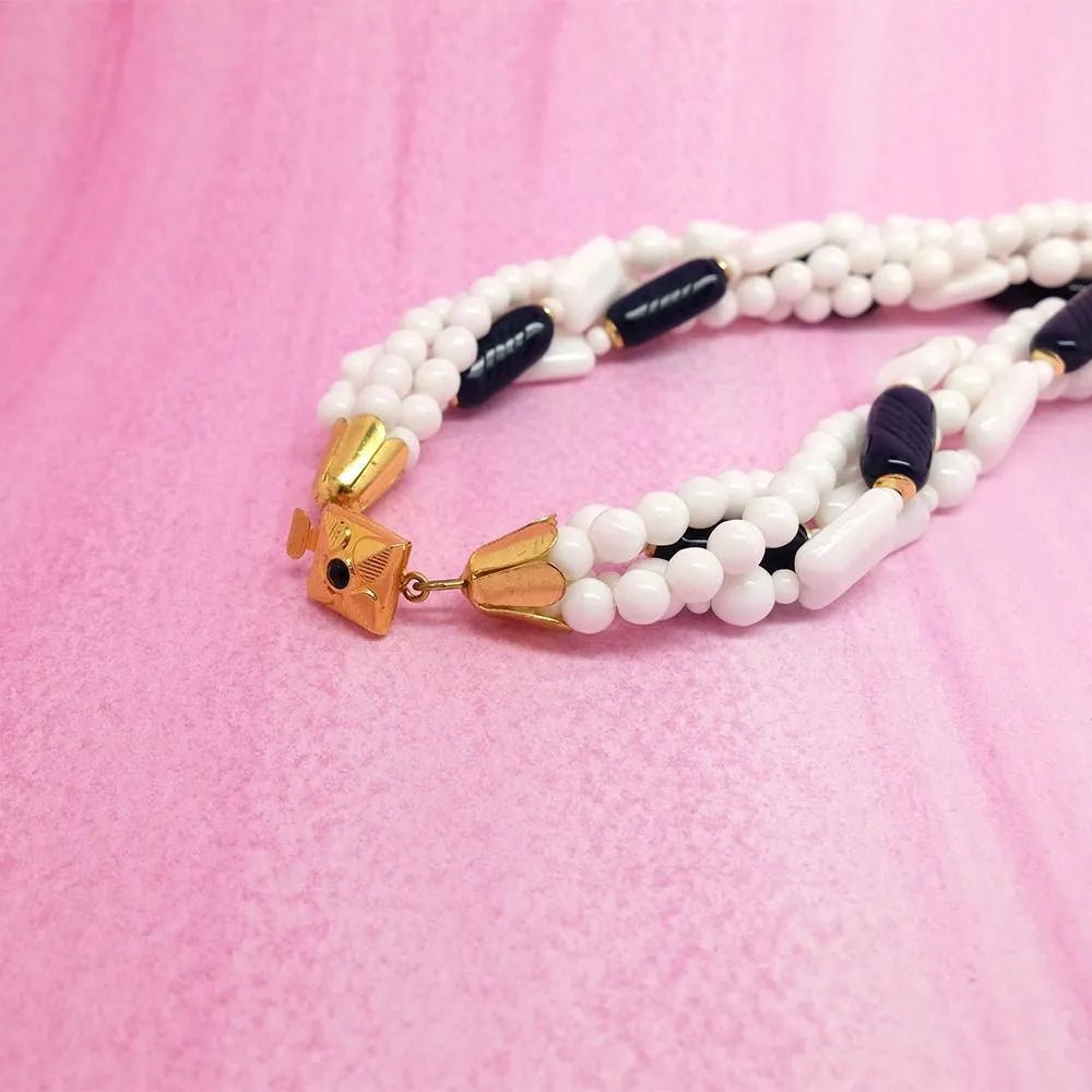 Vintage 1950s White & Blue Glass Beaded Necklace, view 4