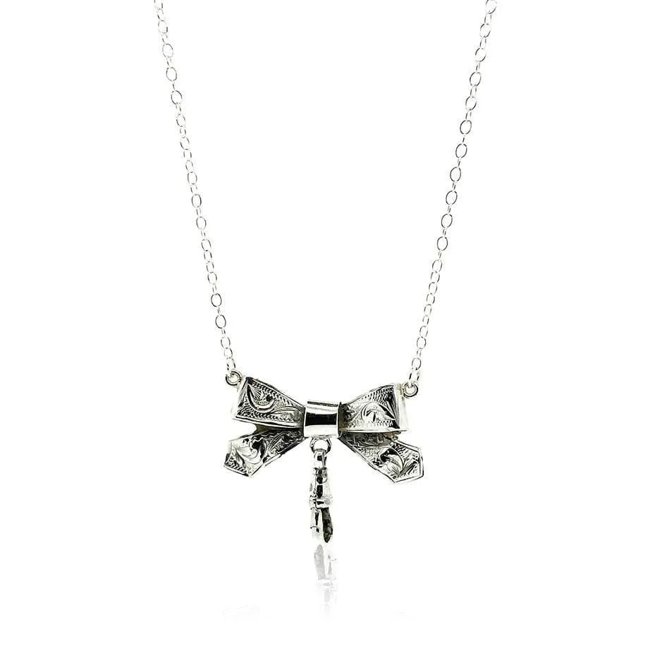 Vintage 1960s Engraved Sterling Silver Bow Necklace, view 8
