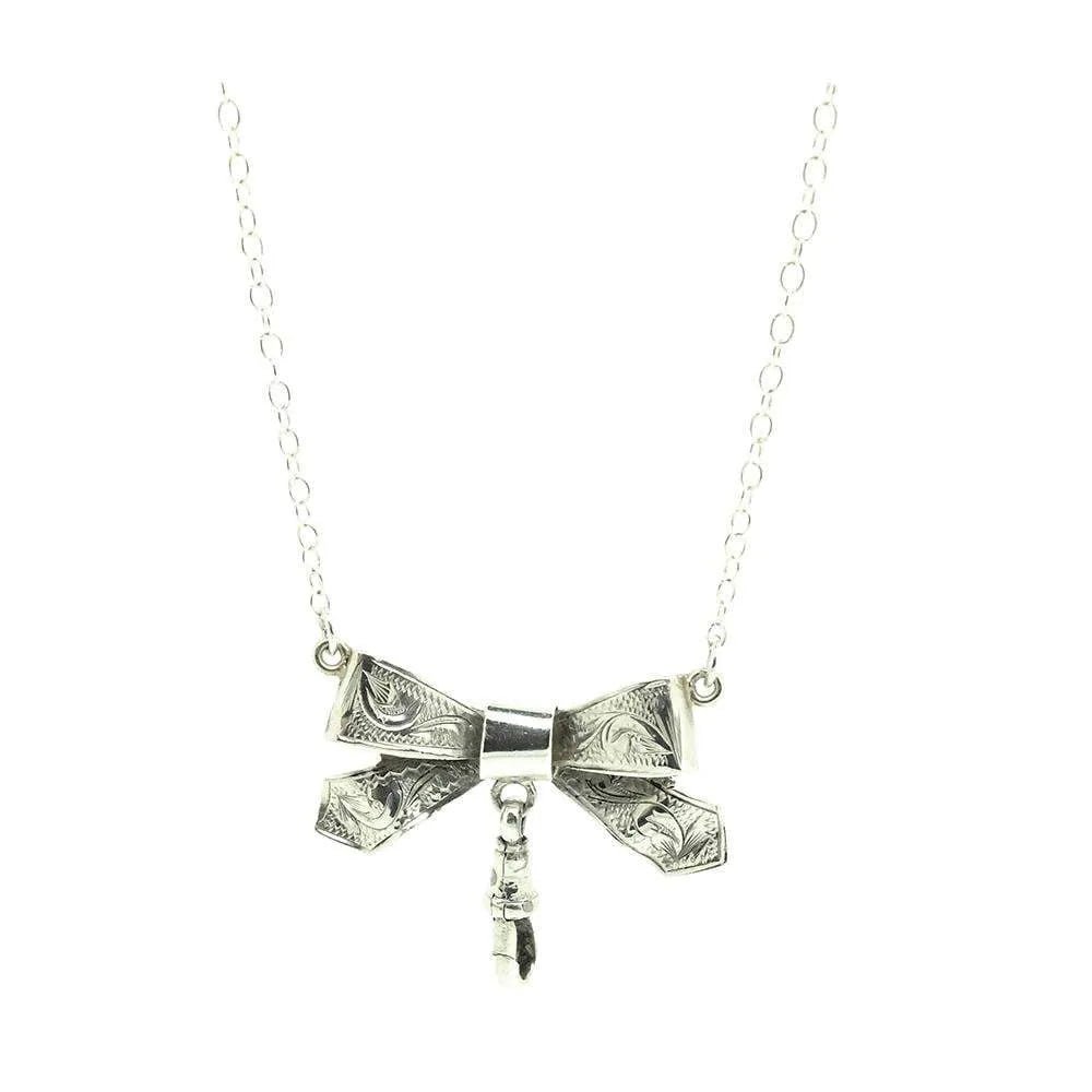 Vintage 1960s Engraved Sterling Silver Bow Necklace, view 5
