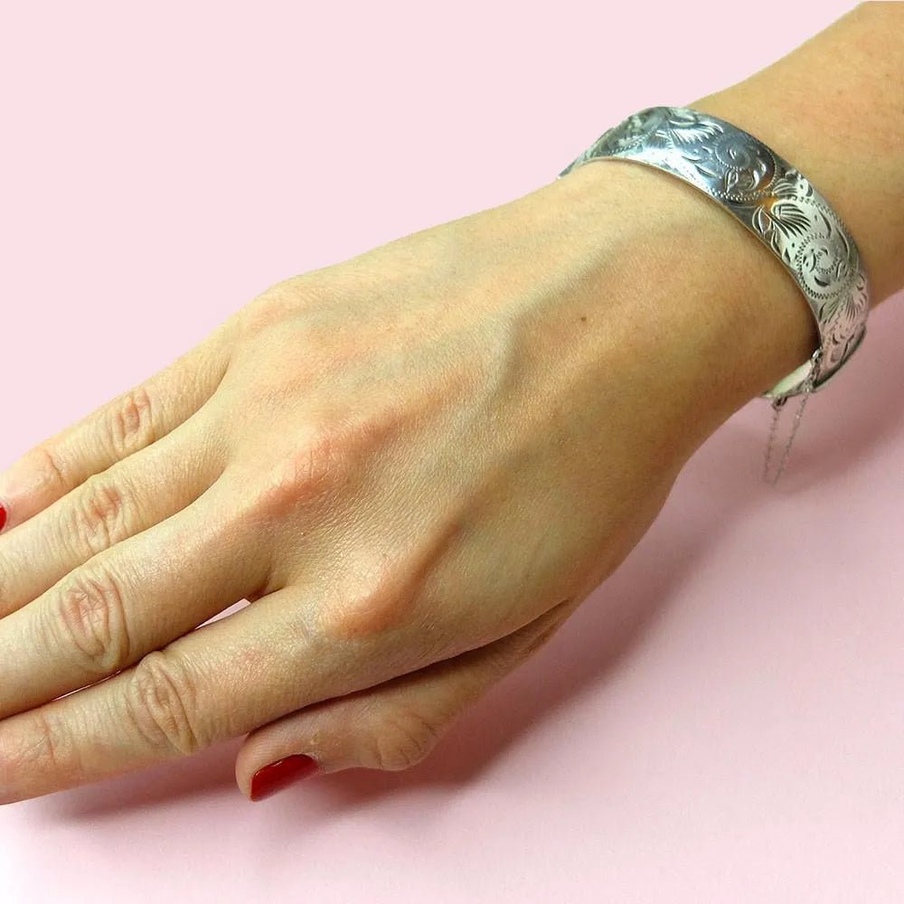 Vintage 1960's Etched Sterling Silver Bangle Bracelet, view 4