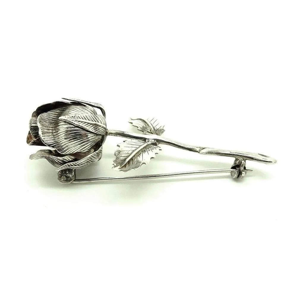 Vintage 1960s Silver Rose Bud Flower Brooch, view 6