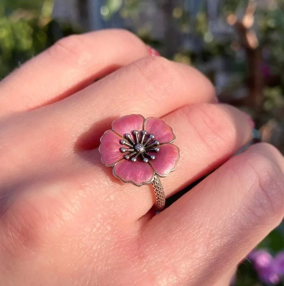 Vintage 1960's Sterling Silver Pink Enamel Flower Ring, view 7