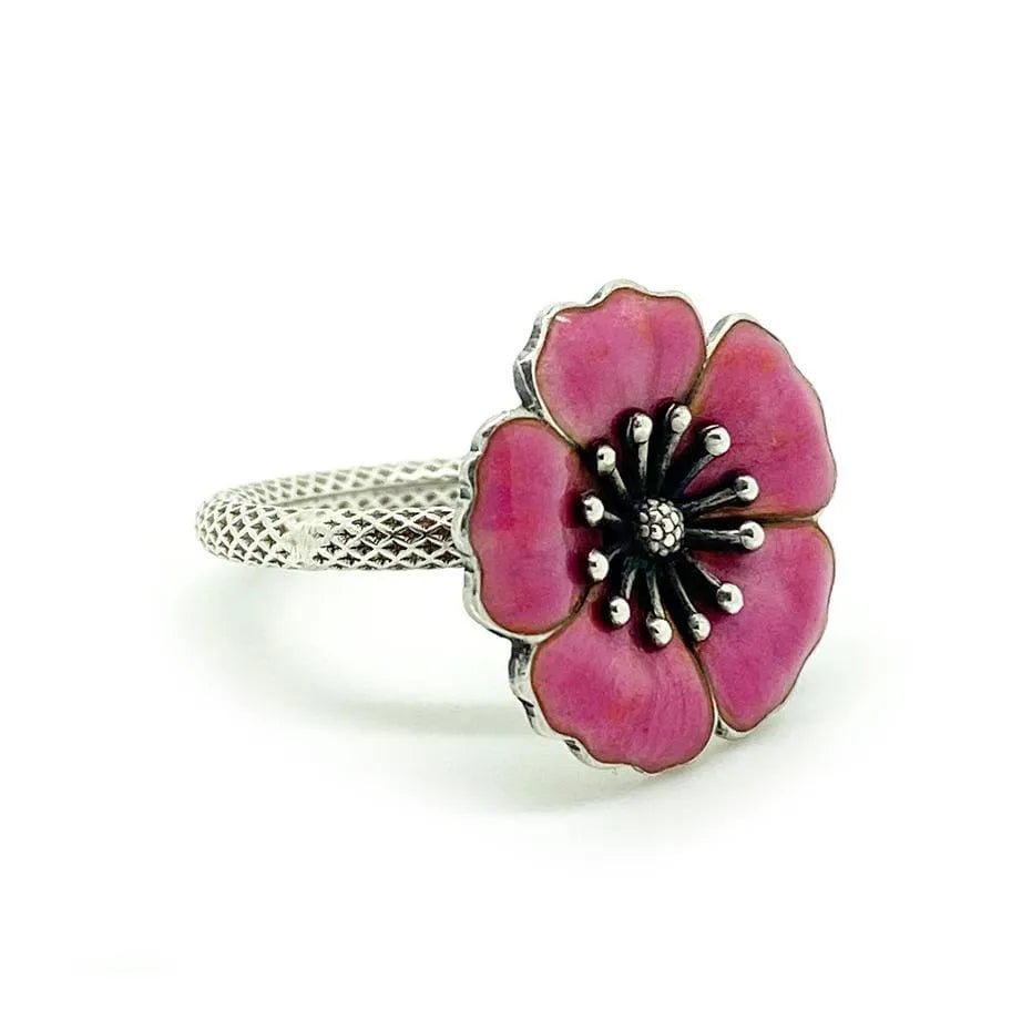 Vintage 1960's Sterling Silver Pink Enamel Flower Ring, view 8