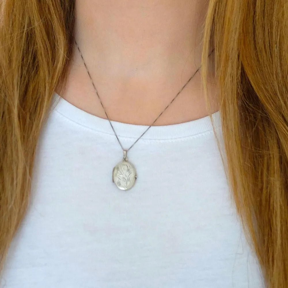 Vintage 1970s Engraved Ornate Oval Silver Locket Necklace, view 2
