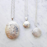 Vintage 1970s Engraved Ornate Round Silver Locket Necklace