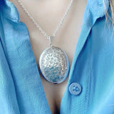 Vintage 1970s Large Oval Silver Locket Necklace