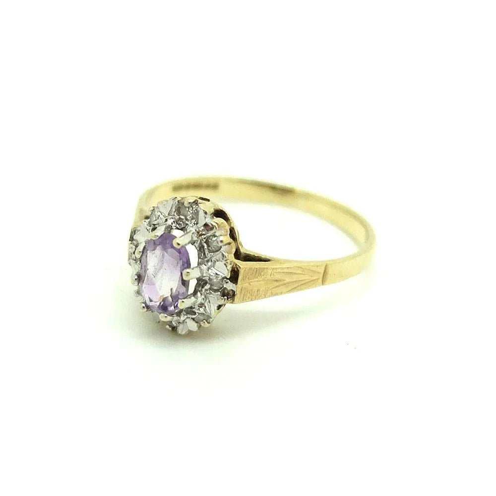 Vintage 1980s Amethyst & Diamond 9ct Gold Ring