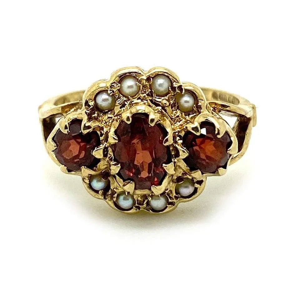 Vintage 1980s Garnet Pearl 9ct Gold Ring, view 8