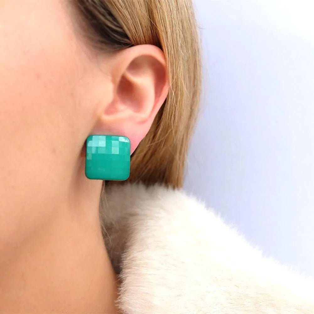 Vintage 1980's Green Square Clip Earrings, view 2