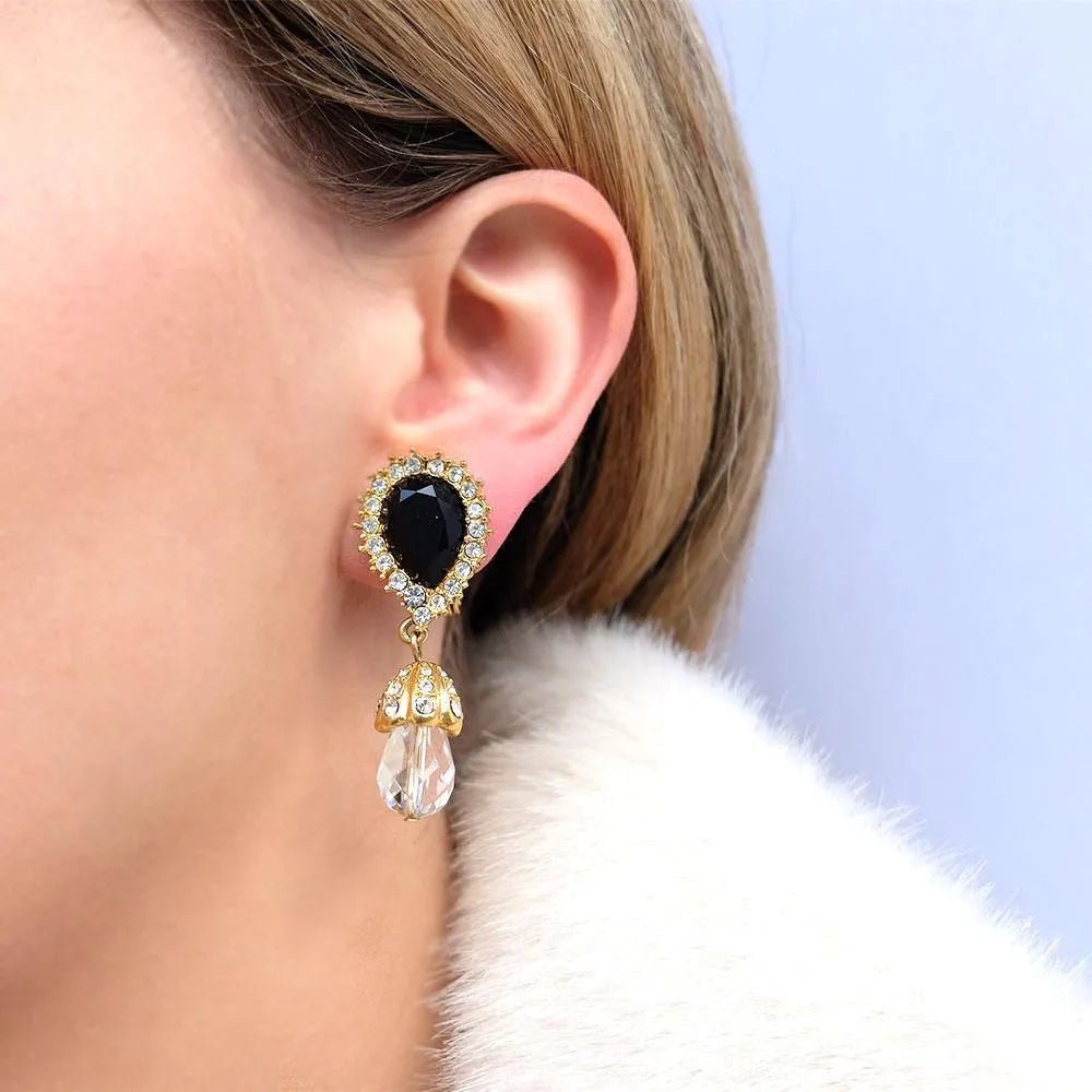 Vintage 1980s Monet Black Glass Clip Diamante Earrings, view 2