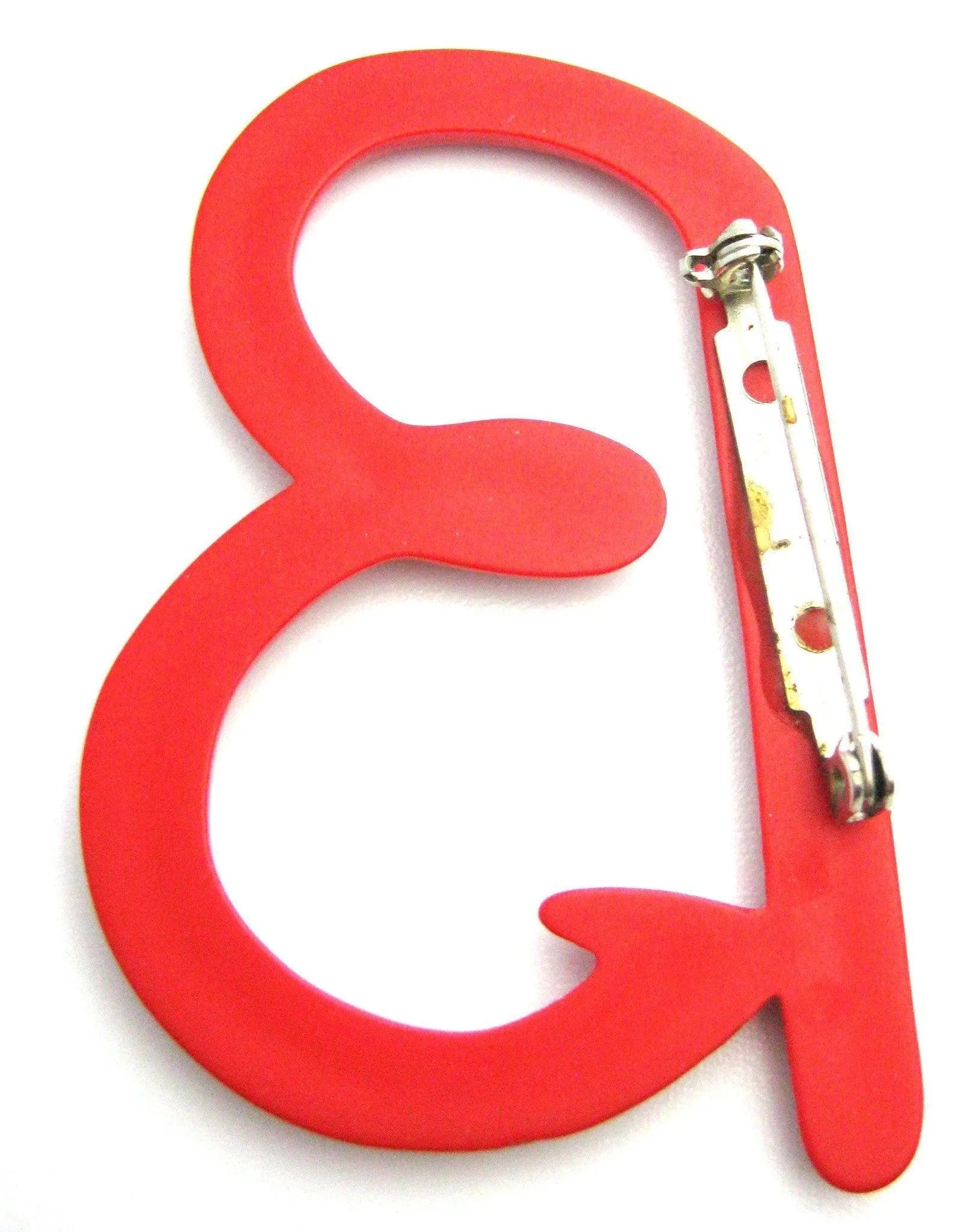 Vintage 1980s Red Plastic 'B' Brooch, view 2