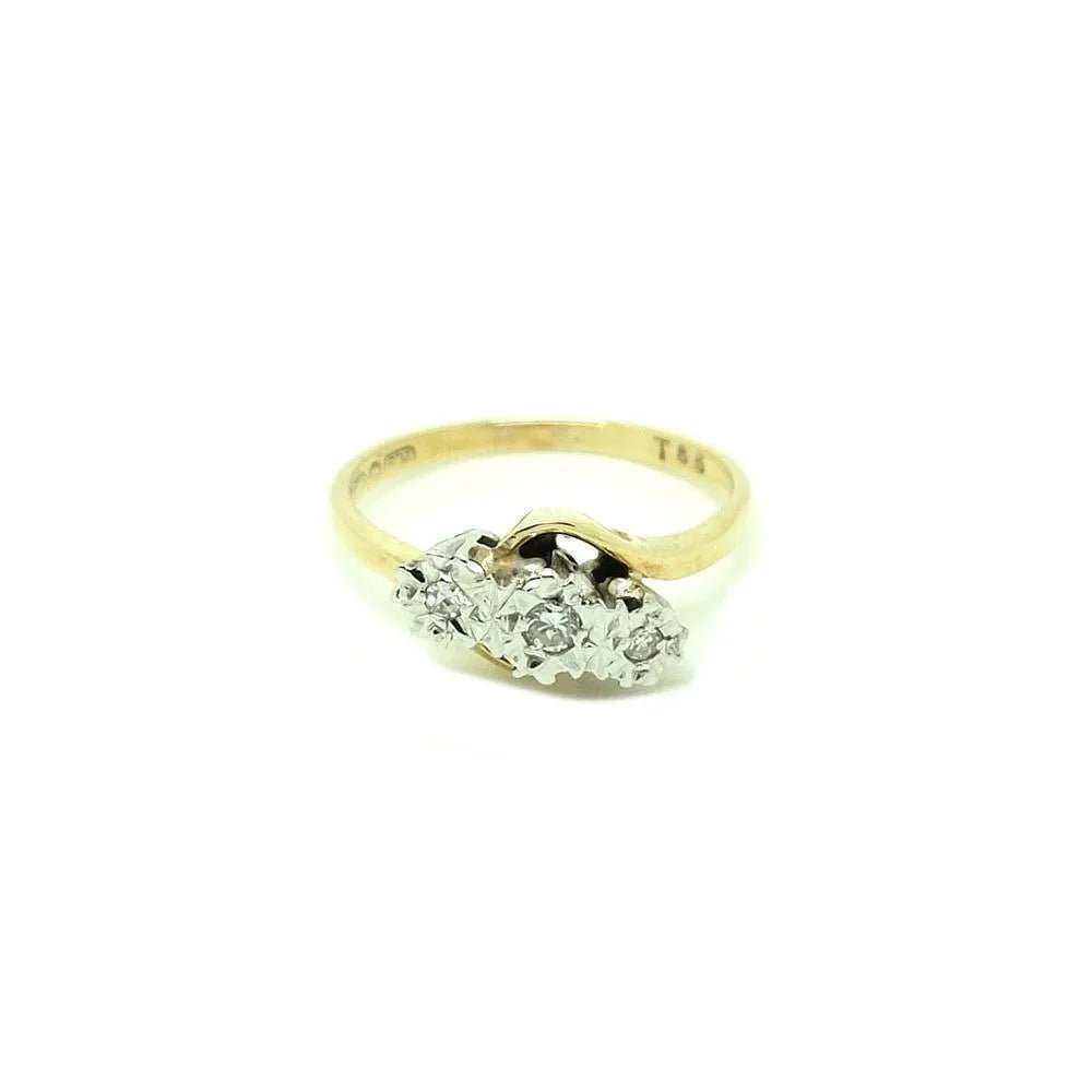 Anillo de compromiso de piedras preciosas de oro de 9 quilates con tres diamantes vintage de la década de 1980 | N / 7 
