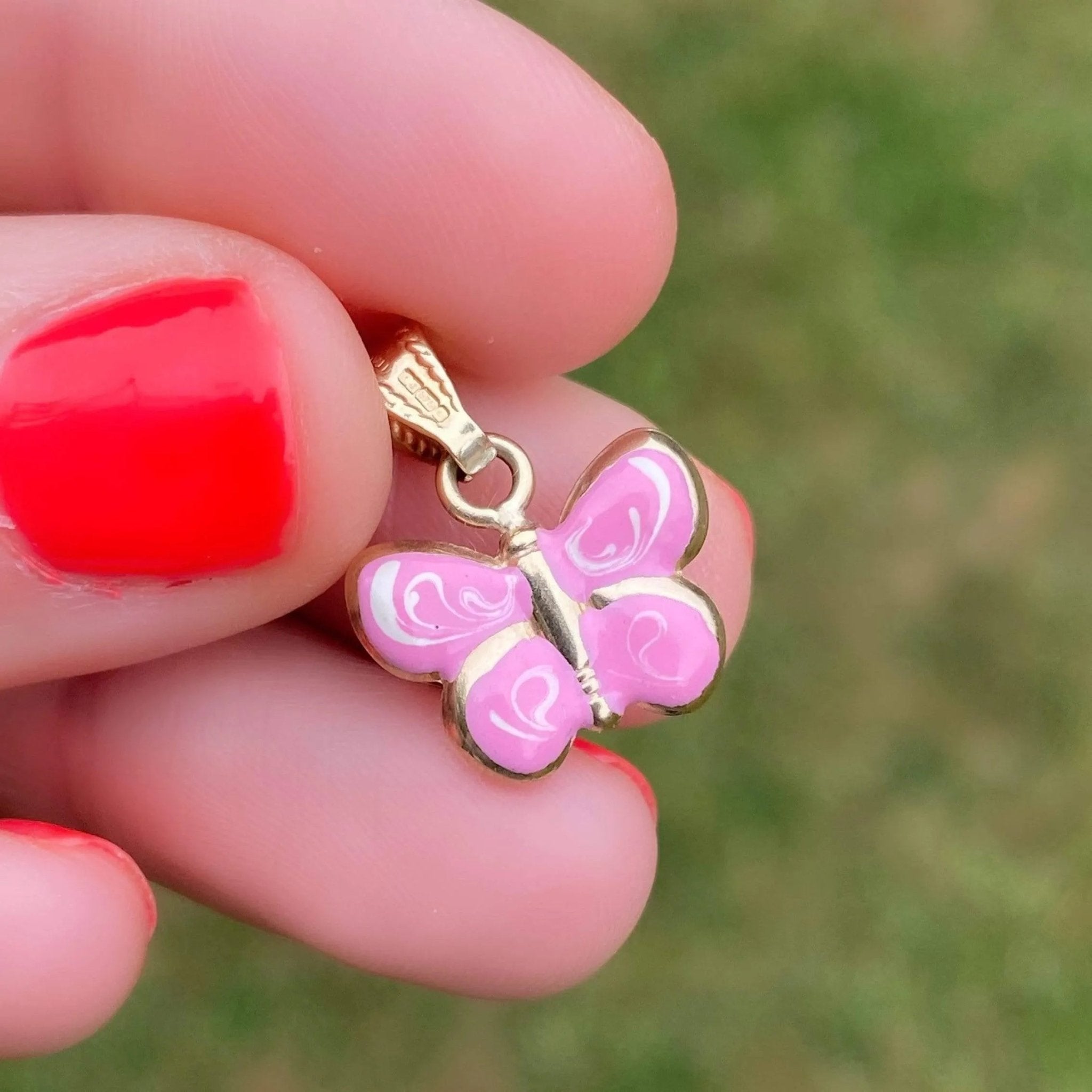 Vintage 1990s Pink Enamel Butterfly Charm Necklace, view 2