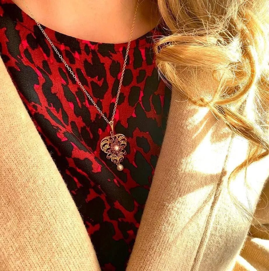 Collier en or 9 carats avec perles de rubis vintage des années 1990, view 4