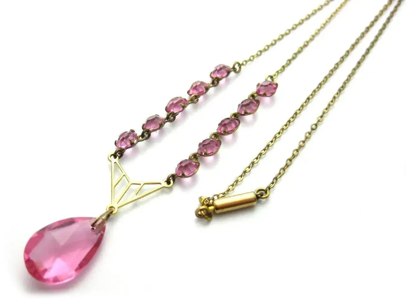 Vintage Art Deco 1930s Pink Pear Drop Necklace, view 2