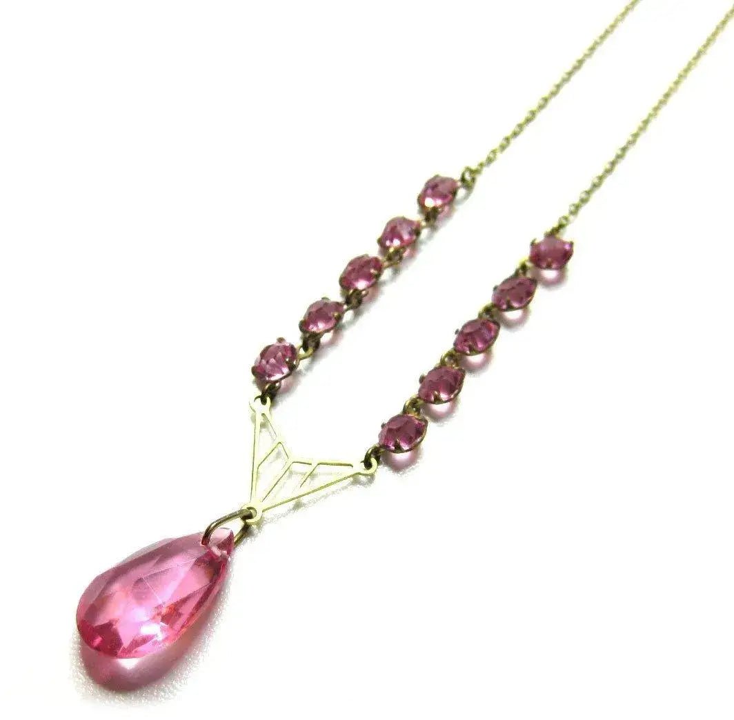 Vintage Art Deco 1930s Pink Pear Drop Necklace, view 4