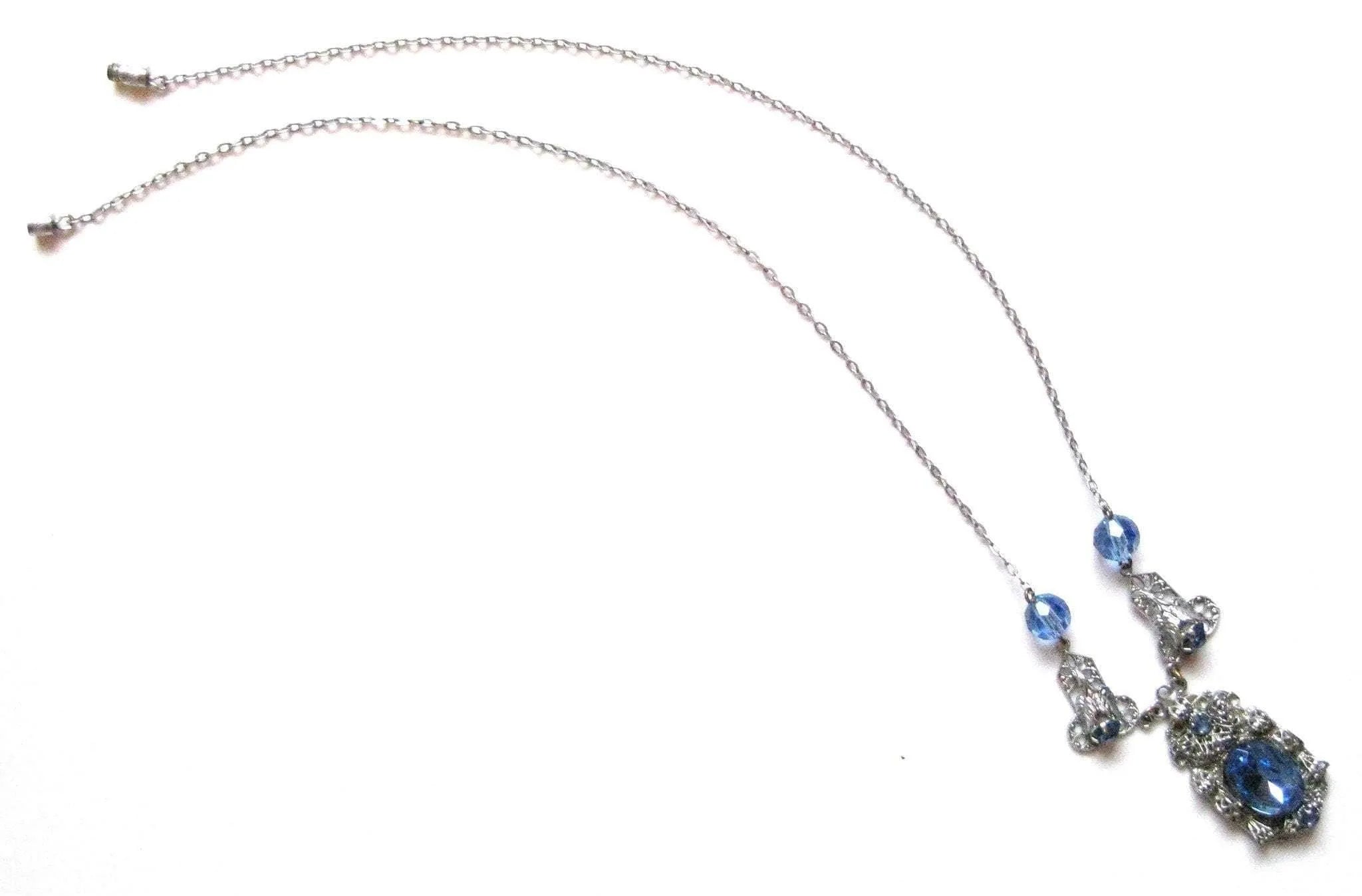 Vintage Art Deco Blue Glass Filigree Necklace, view 2