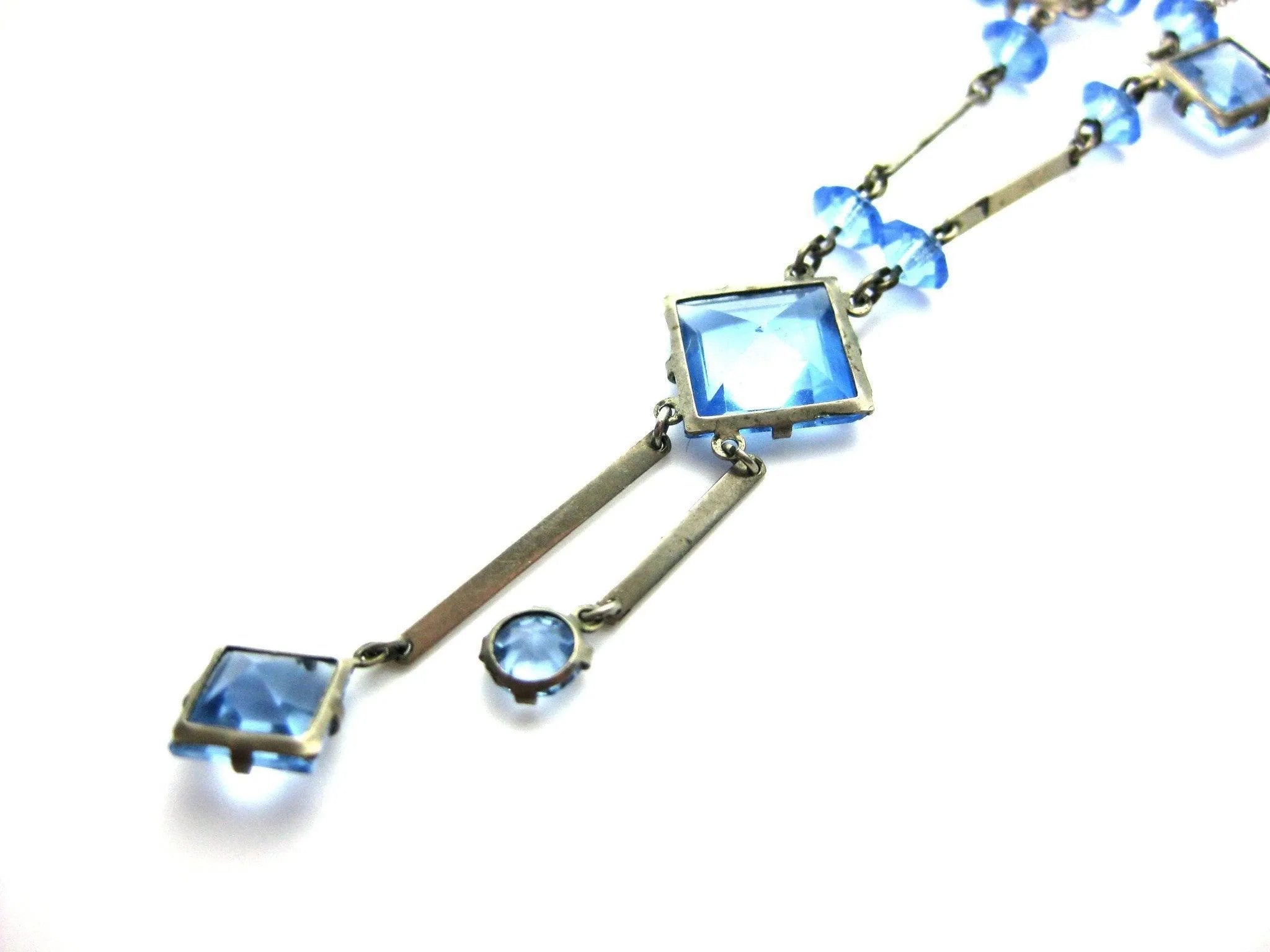 Vintage Art Deco Blue Square Drop Glass Necklace, view 7