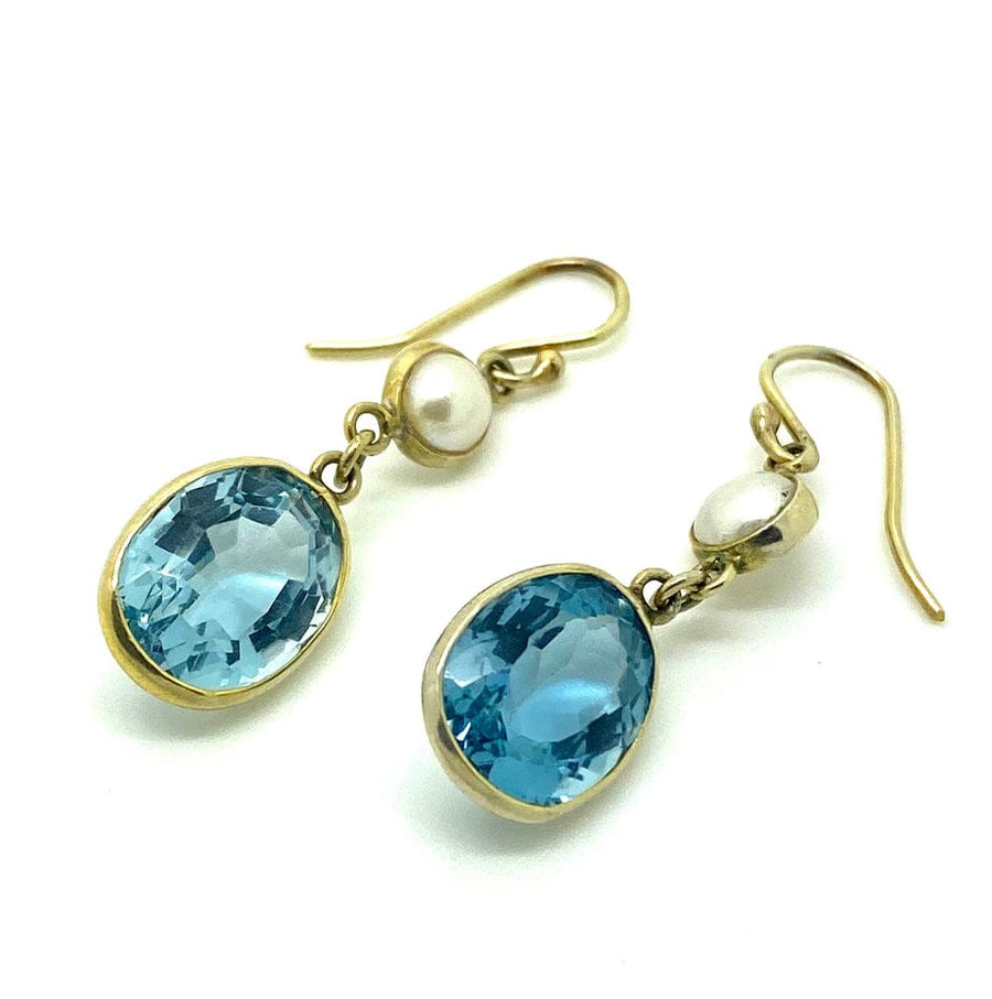 VINTAGE Earrings Vintage Pearl Blue Topaz Gold Drop Earrings Mayveda Jewellery