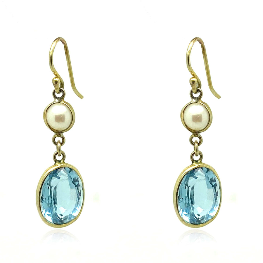 VINTAGE Earrings Vintage Pearl Blue Topaz Gold Drop Earrings Mayveda Jewellery