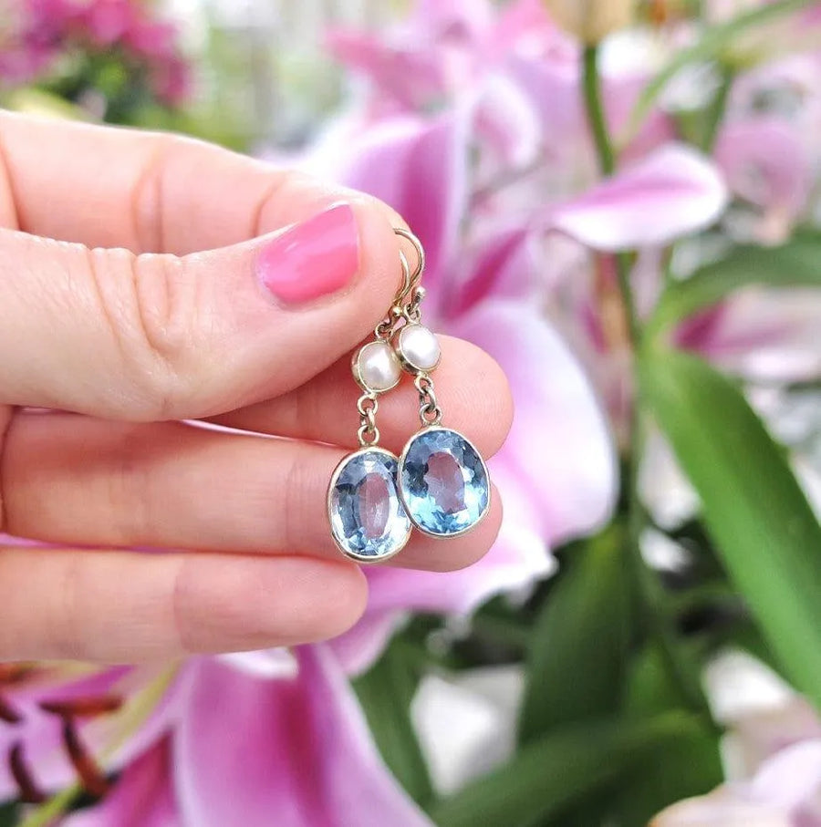 Vintage Pearl Blue Topaz Gold Drop Earrings - Mayveda Jewelry