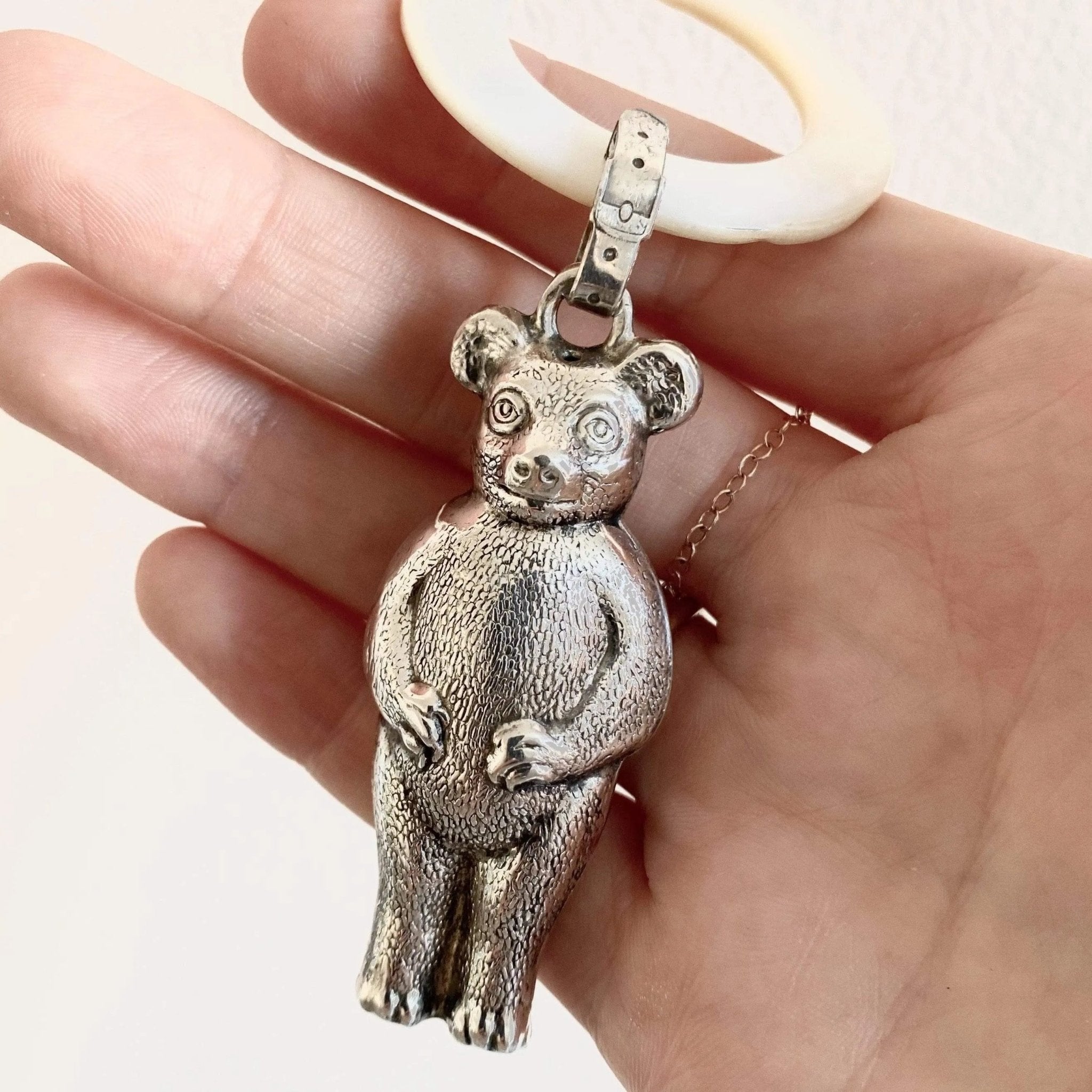 Vintage Mid-Century Silver Teddy Bear Teething Ring Rattle, view 6
