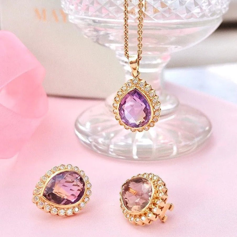Vintage Pear Cut Ametrine 1.26ct Diamond 18ct Gold Earrings