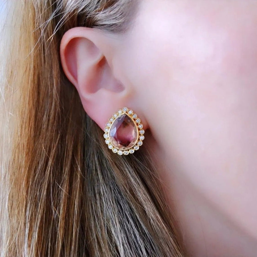 Vintage Pear Cut Ametrine 1.26ct Diamond 18ct Gold Earrings