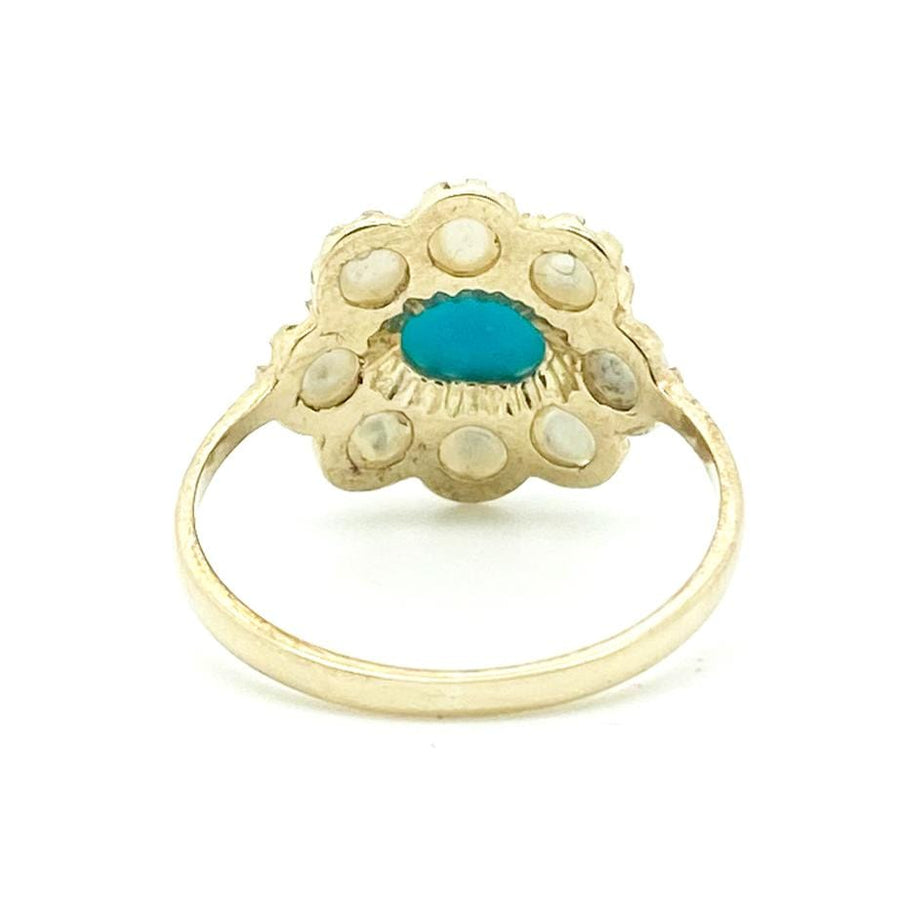 VINTAGE Ring Vintage Turquoise Pearl 9ct Gold Flower Ring