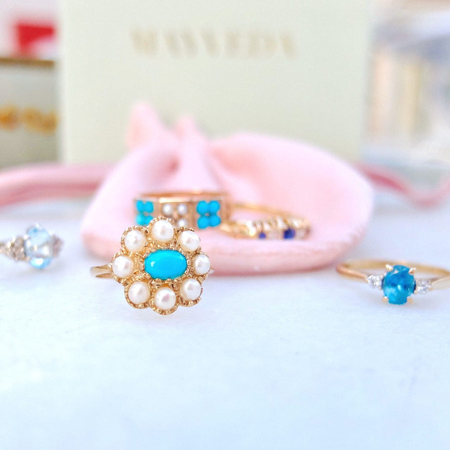 VINTAGE Ring Vintage Turquoise Pearl 9ct Gold Flower Ring Mayveda Jewellery